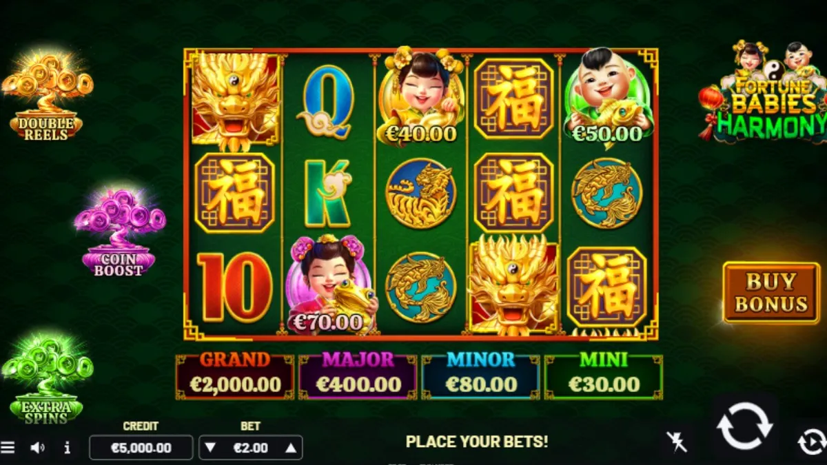 Fortune Babies – Harmony slot machine interface na may mga cute na baby symbols at makulay na background.