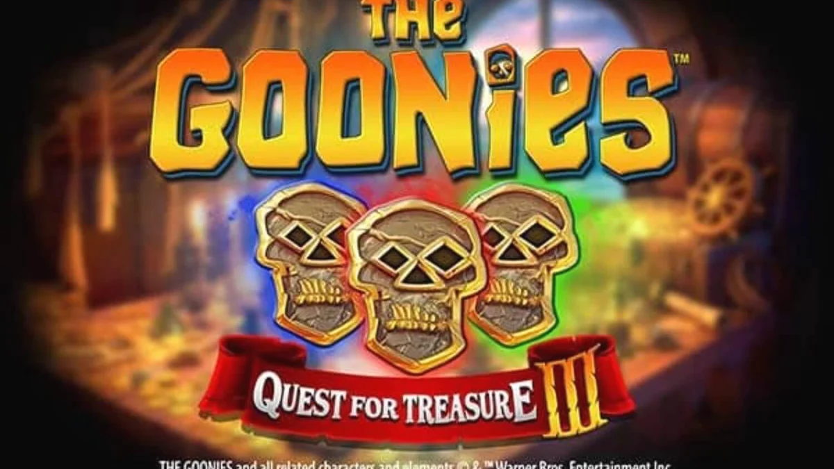 The Goonies Quest for Treasure 3 slot machine screen na nagpapakita ng mga karakter at treasure map.