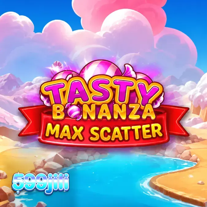 Makulay na disenyo ng Tasty Bonanza Max Scatter slot na may mga candy symbols.