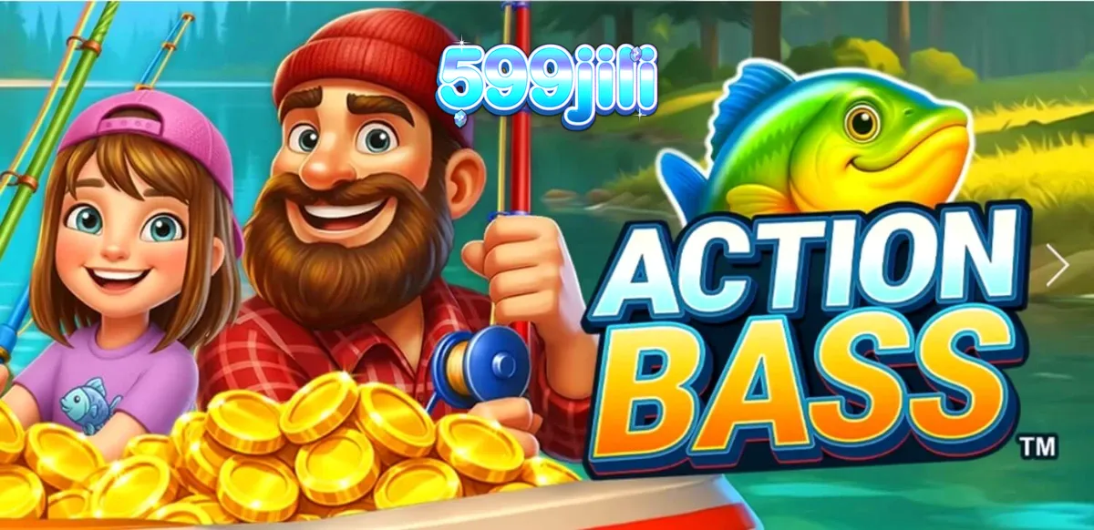 Action Bass slot machine interface na may temang pangingisda